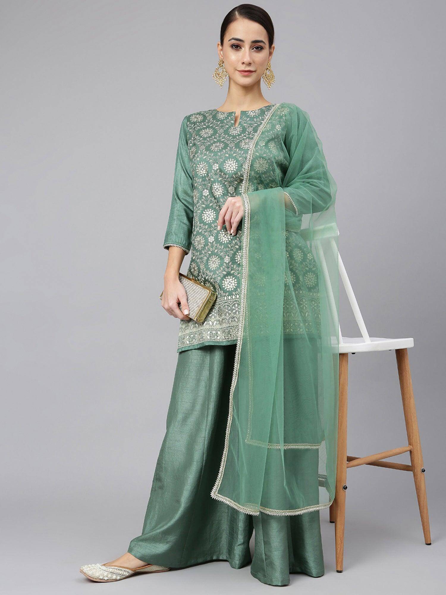 Mint Green Chinon Floral Foil Print Kurta With Palazzo And Dupatta