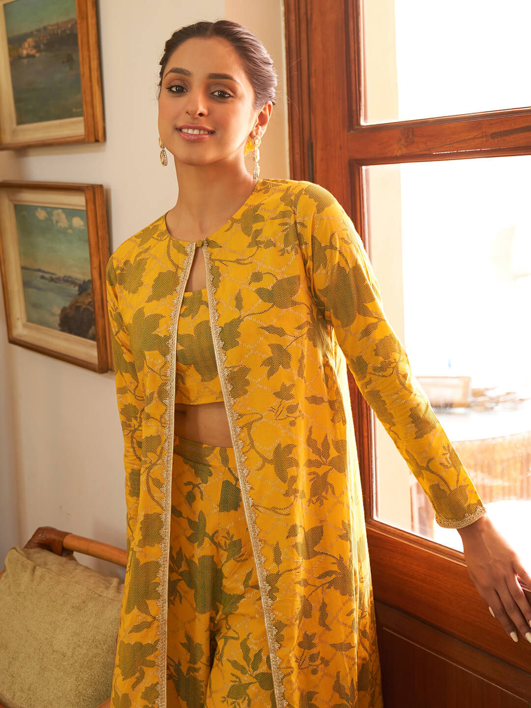 Mustard Cotton Floral Printed Crop Top With Straight Pant And Jacket