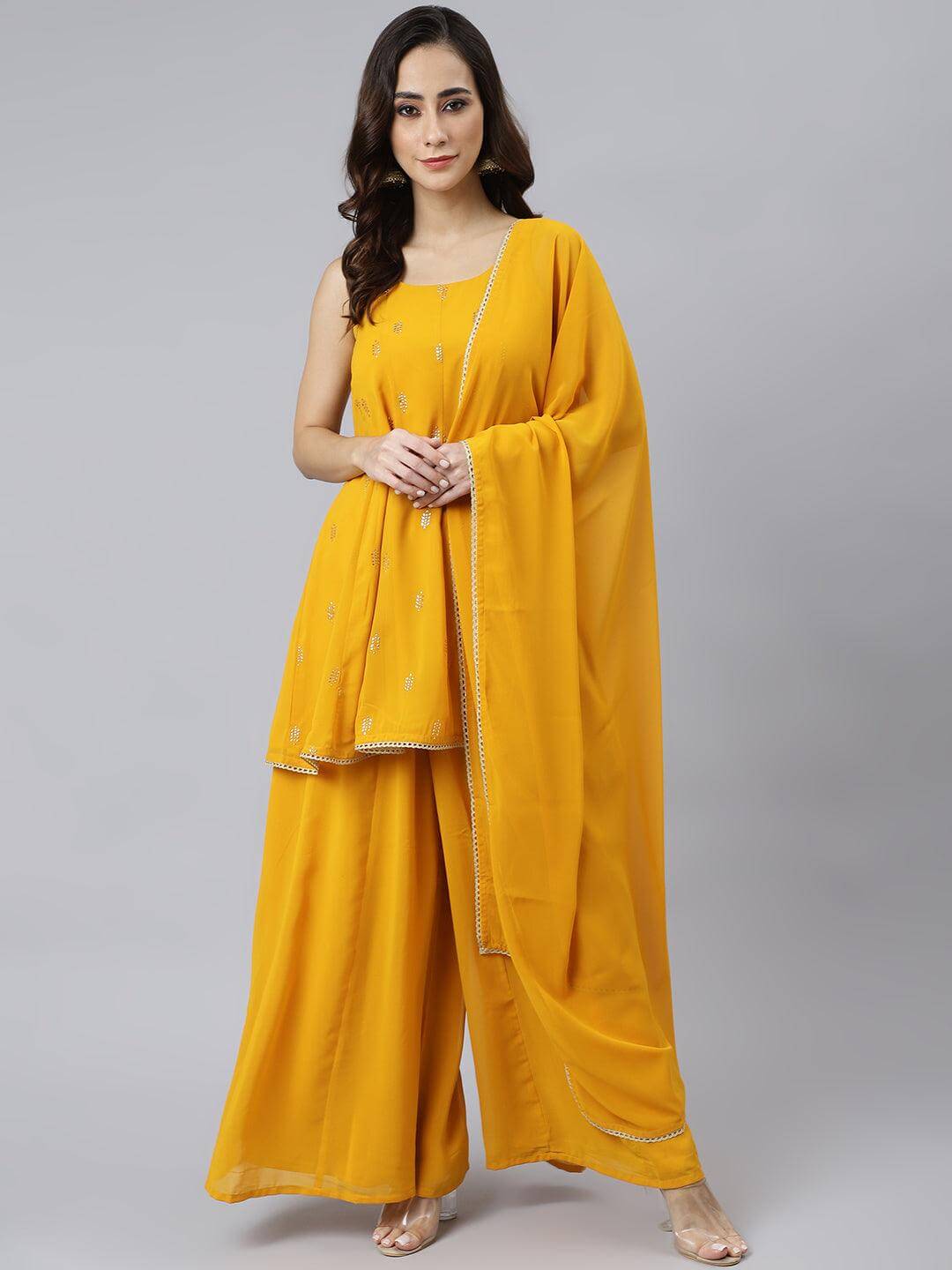 Mustard Georgette Embossed Gold Print Kurta With Sharara And Dupatta