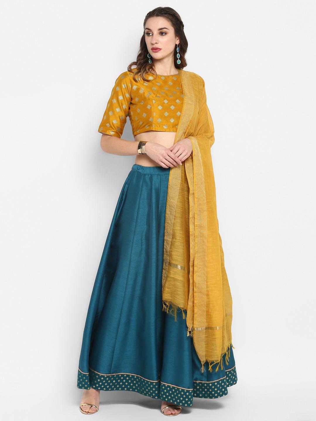 Mustard Poly Silk Gold Print Lehenga Choli With Dupatta