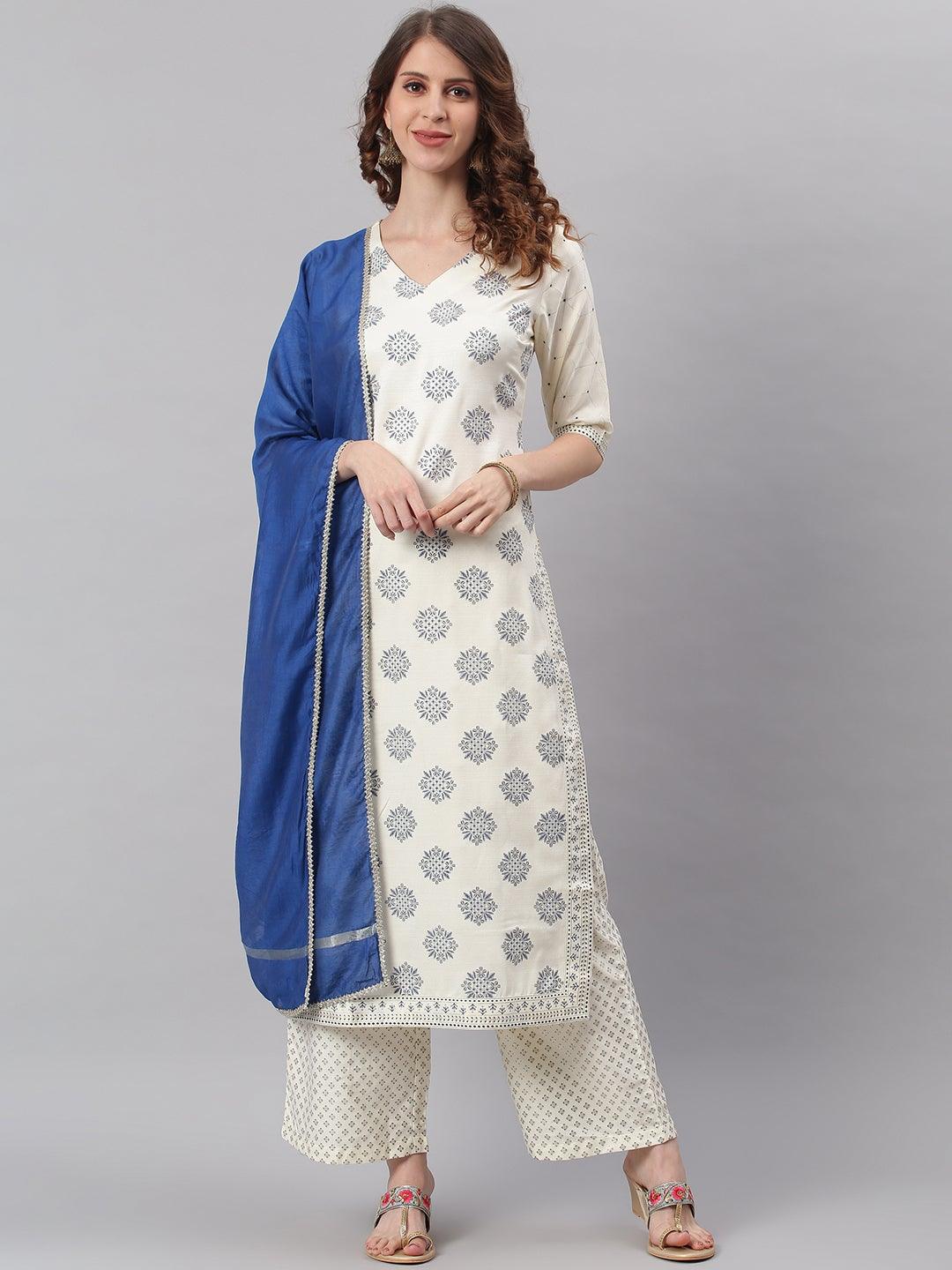 Off- White Poly Silk Ethnic Motifs Kurta With Palazzo And Dupatta