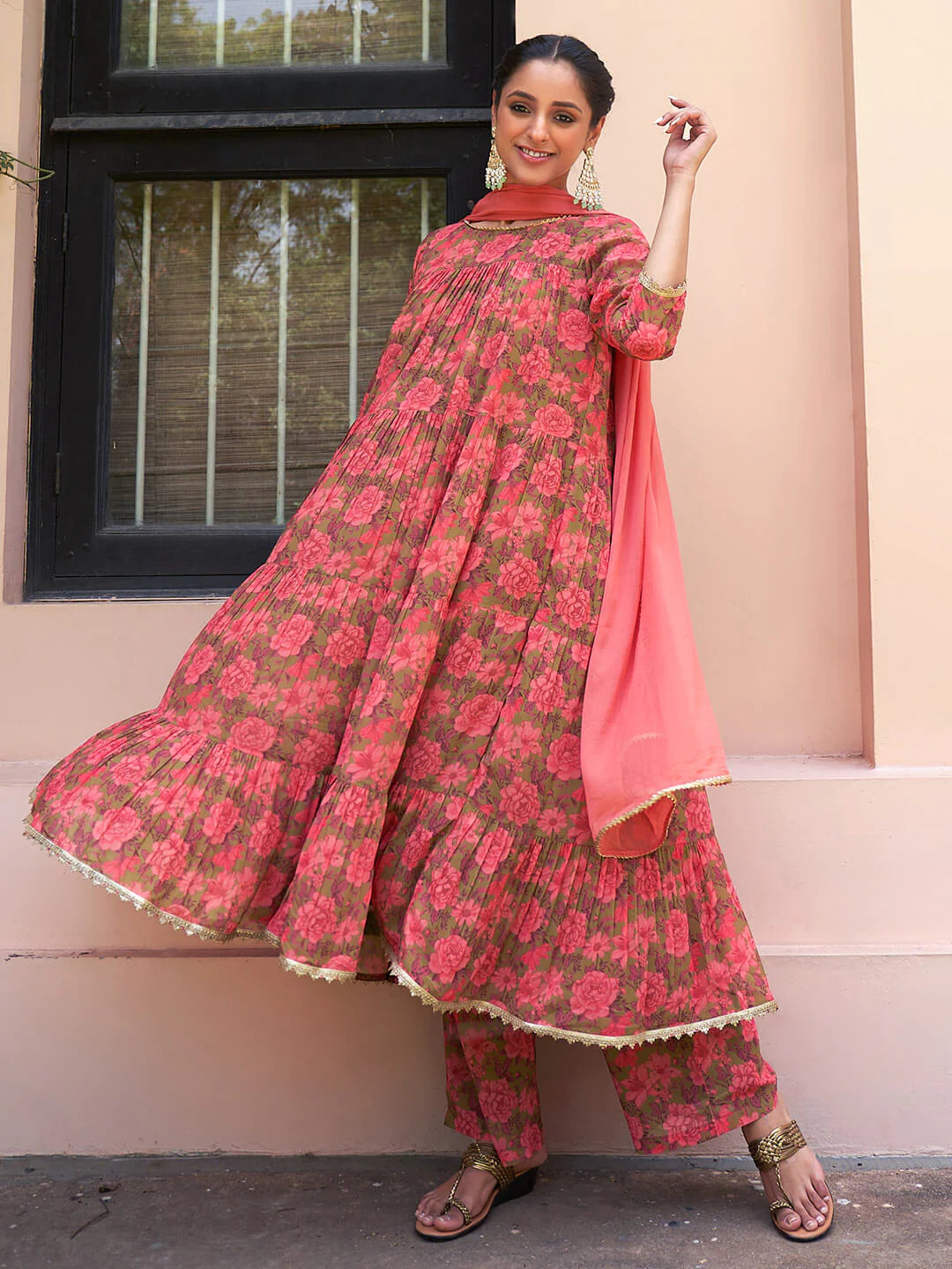 Peach Georgette Kurta Palazzo Set With Dupatta