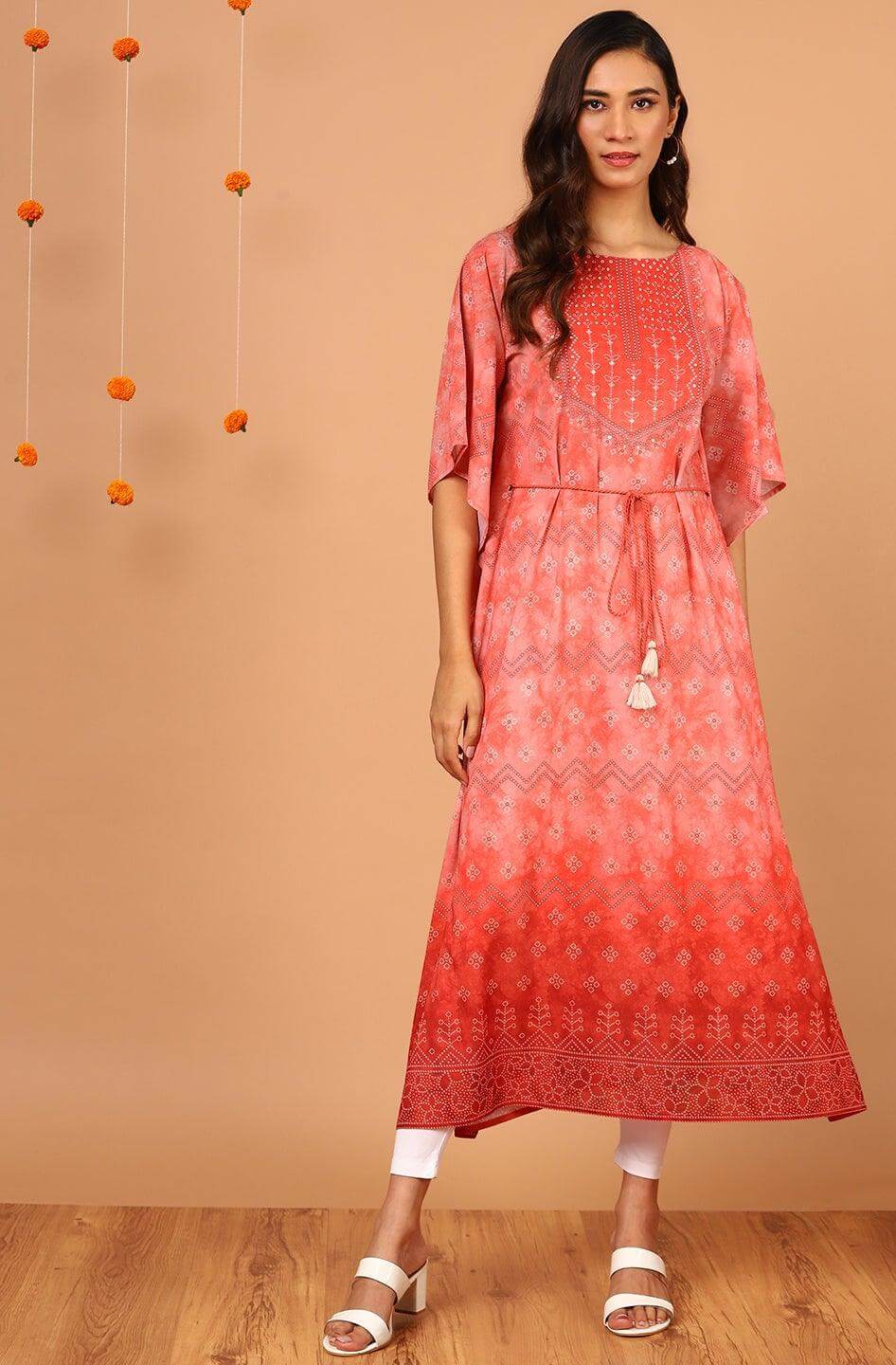 Peach Poly Georgette Bandhni Print Kaftan Kurta