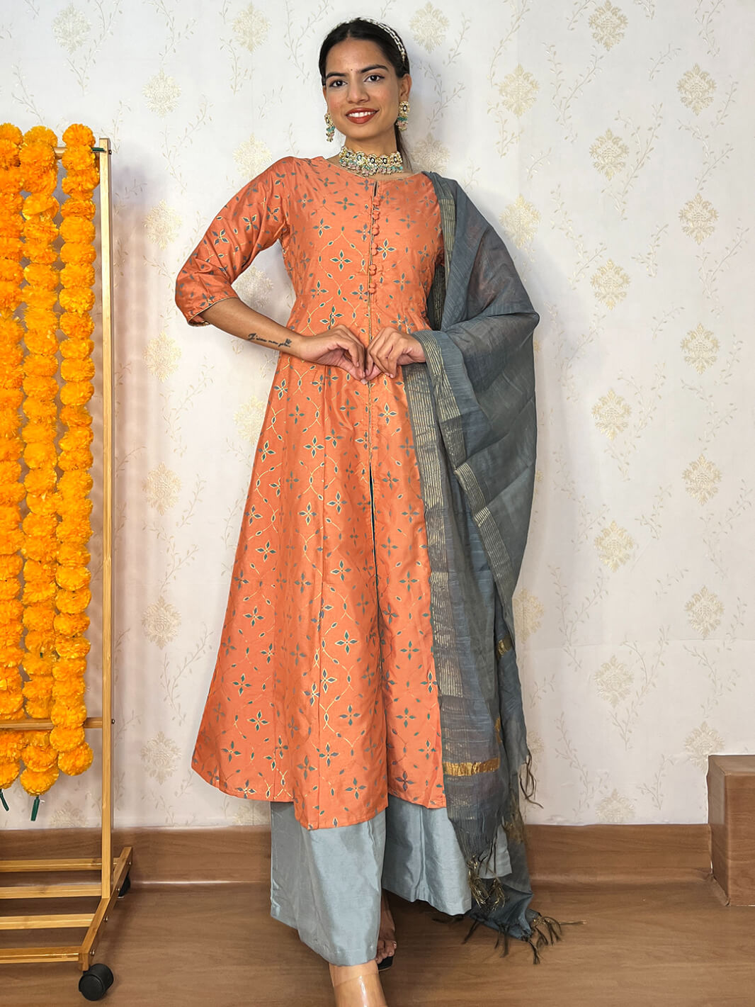 Peach Poly Silk Kurta With Palazzo And Dupatta