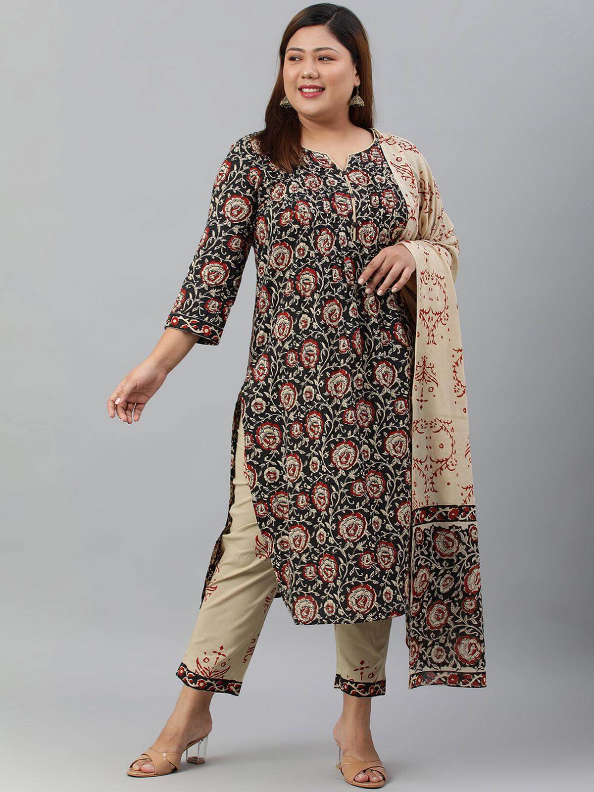 Plus Size Black Cotton Kurta With Pant And Dupatta