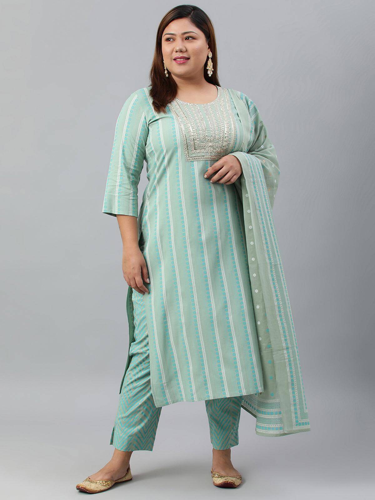 Plus Size Mint Green Rayon Kurta With Pant And Dupatta