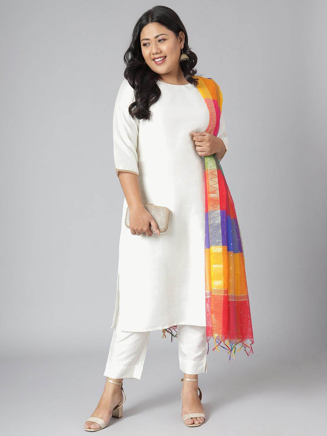 Plus Size Off-White Poly Silk Kurta With Pant And Dupatta