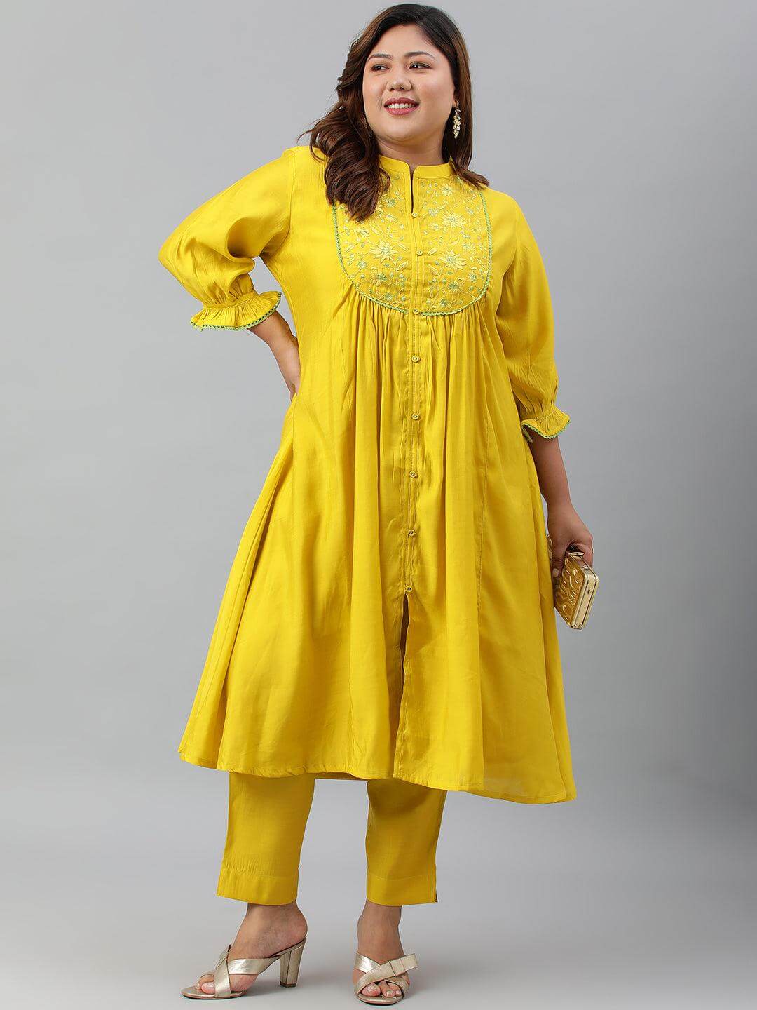 Plus Size Yellow Poly Silk Kurta With Pant