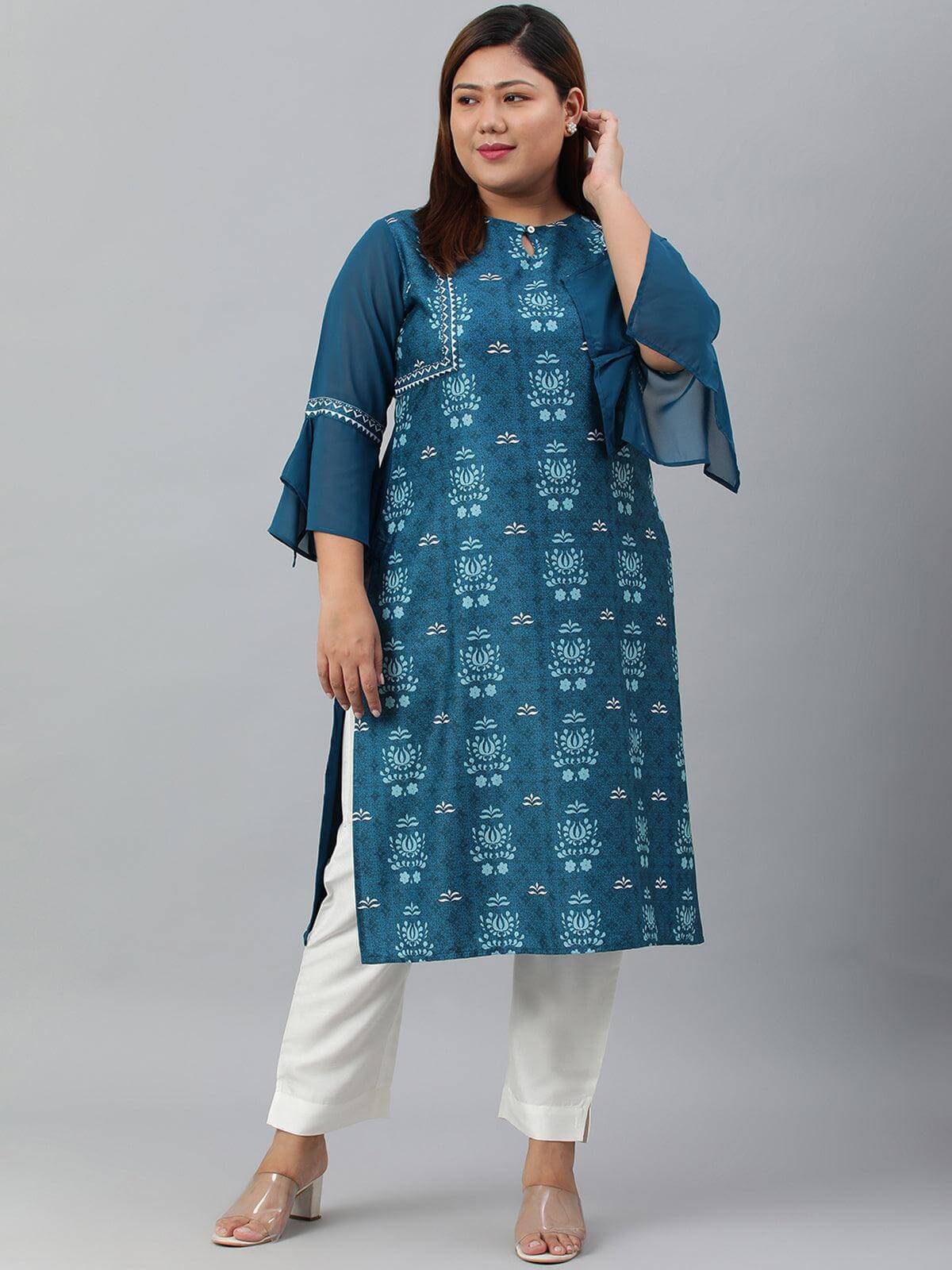 Plus Size Teal Poly Crepe Digital Print Straight Kurta