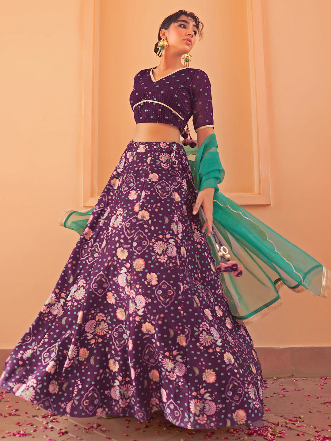 >Purple Crepe Silk Digital Floral Printed Lehenga Choli With Dupatta