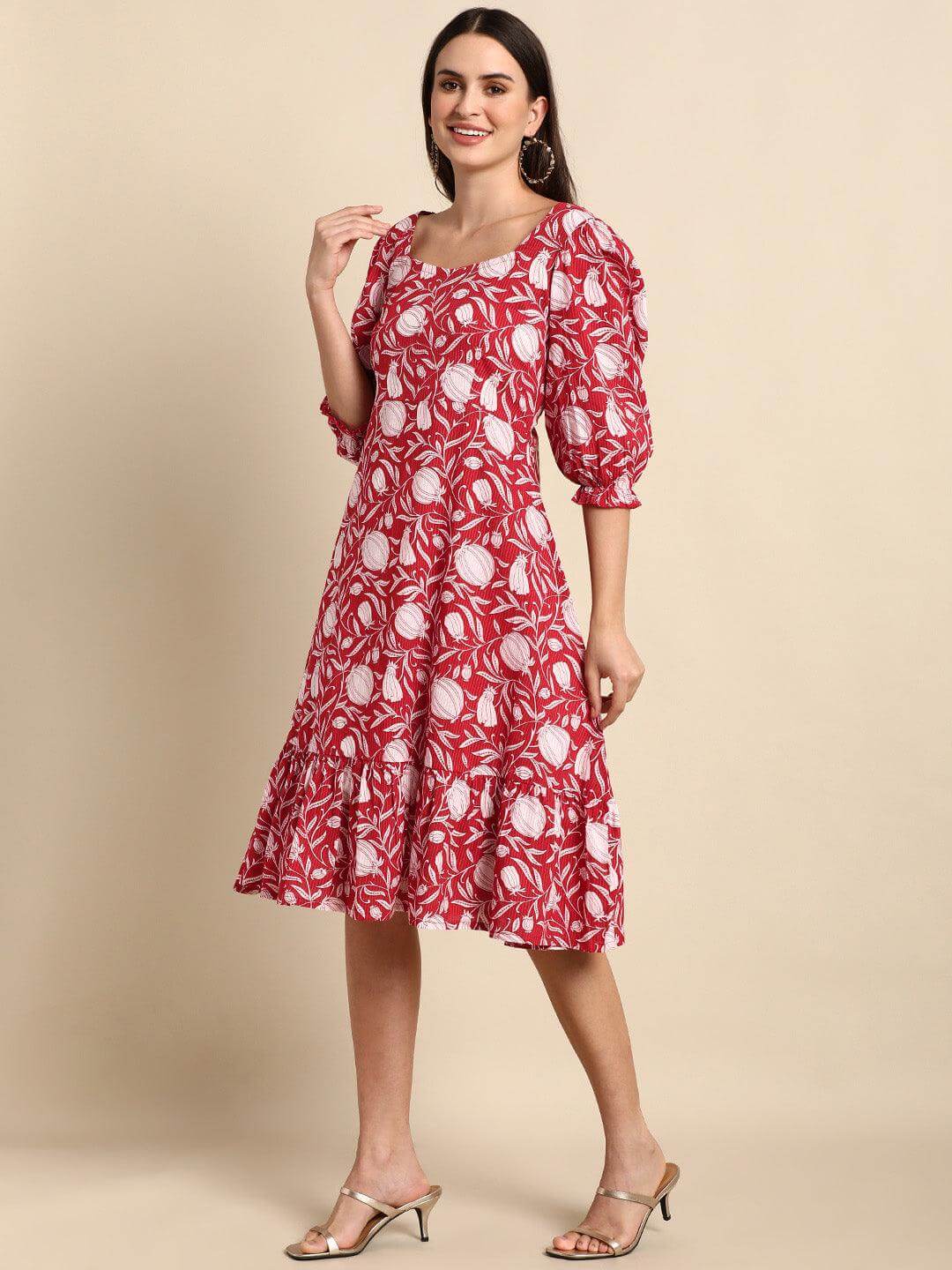 Red Cotton Floral A-Line Western Dress