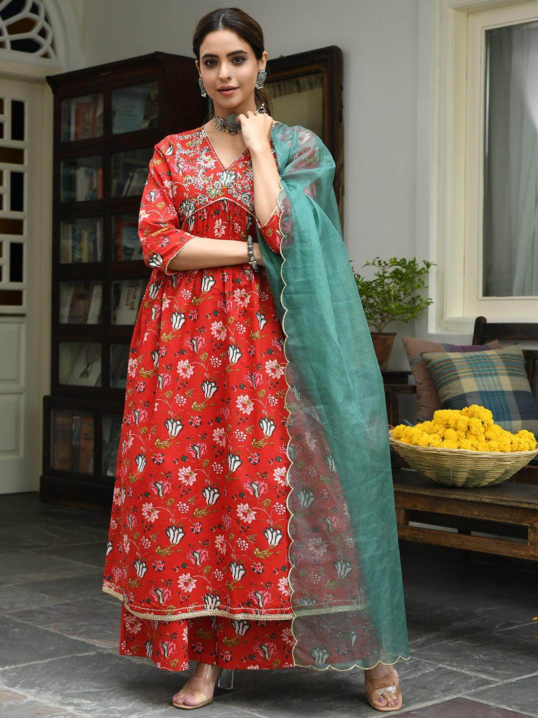 Red Cotton Floral Block Print Kurta With Palazzo And Dupatta