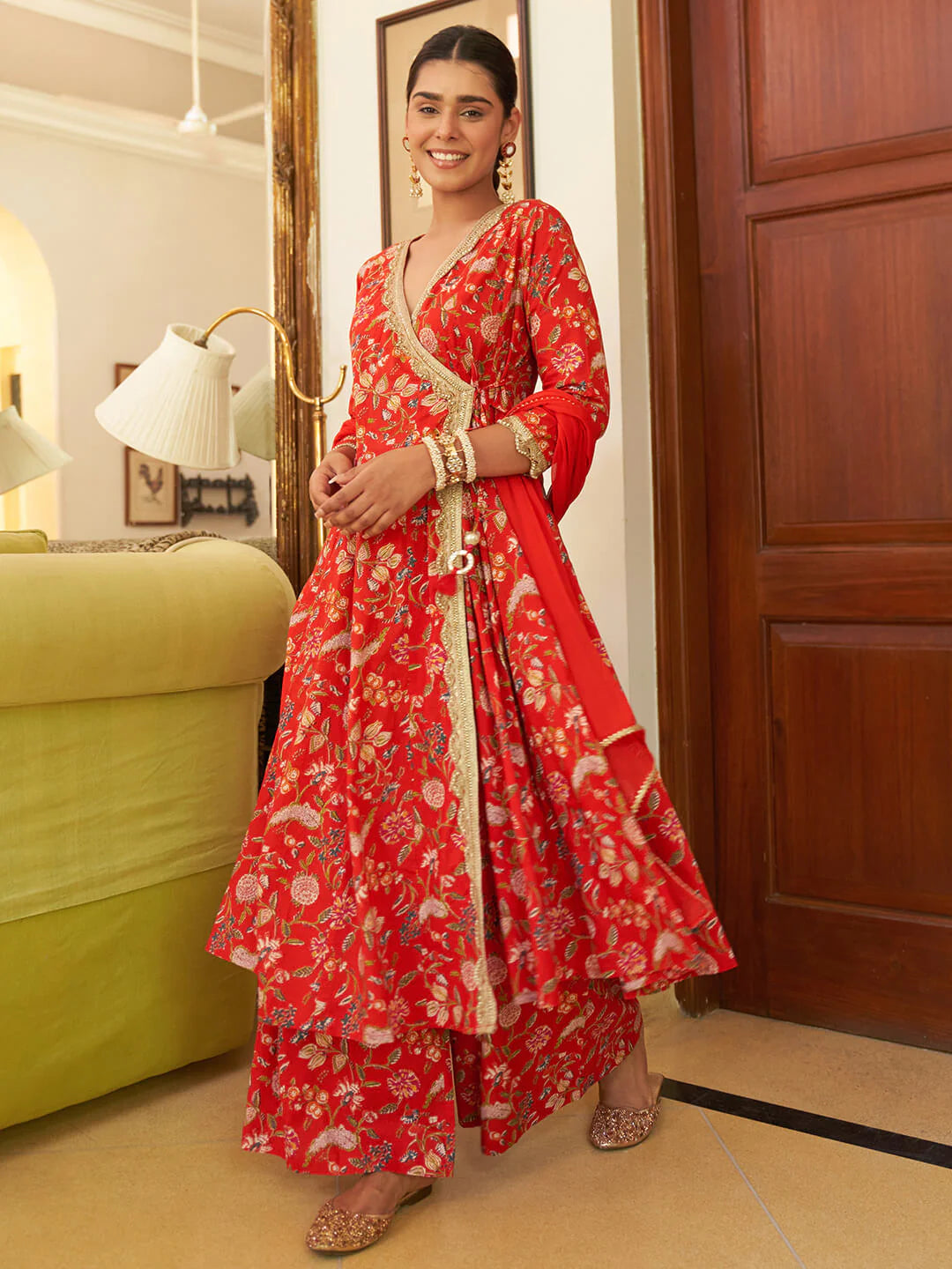 >Red Cotton Floral Printed Kurta With Palazzo And Dupatta