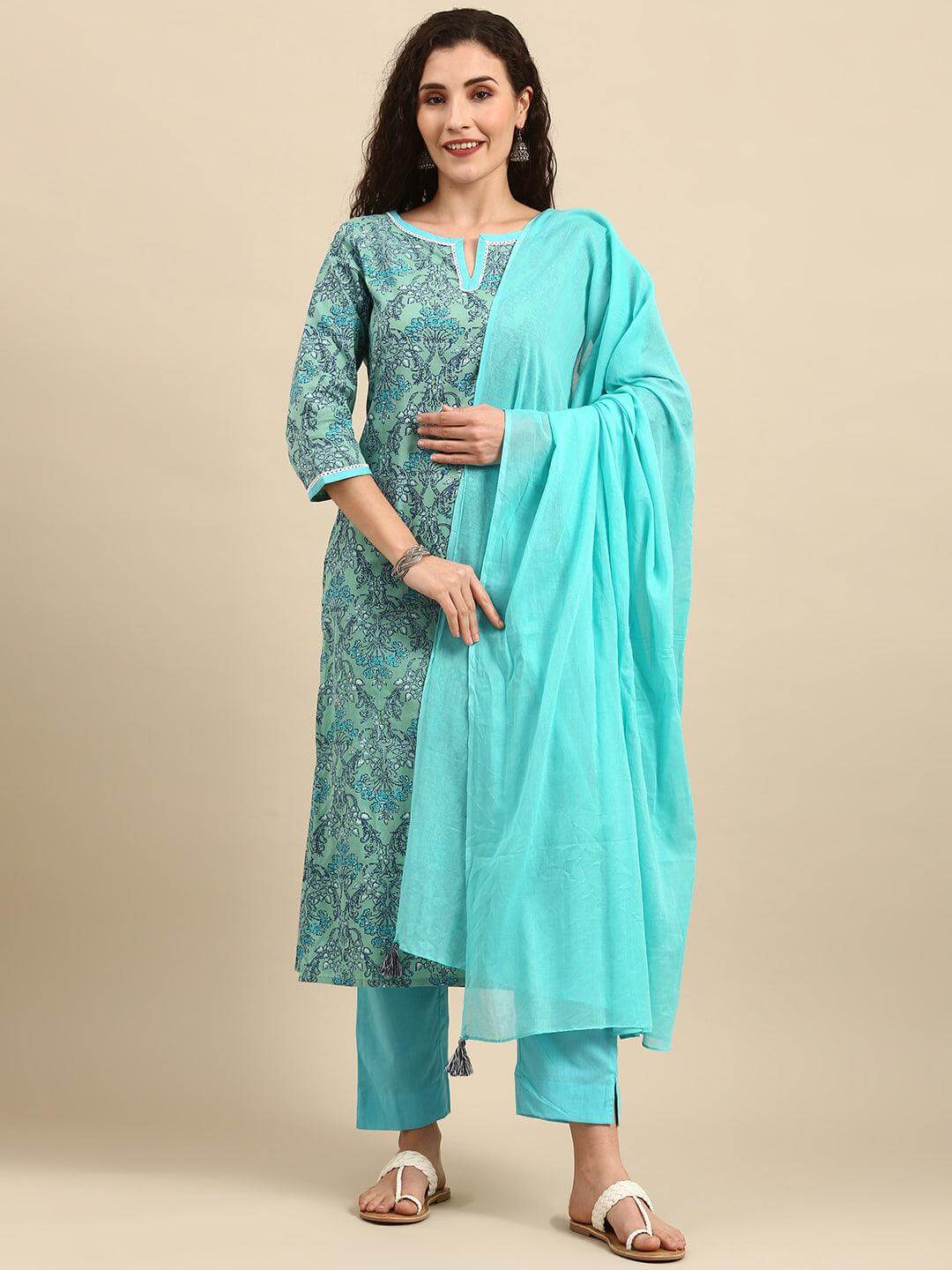 Sea Green Cotton Floral Print Kurta With Pant