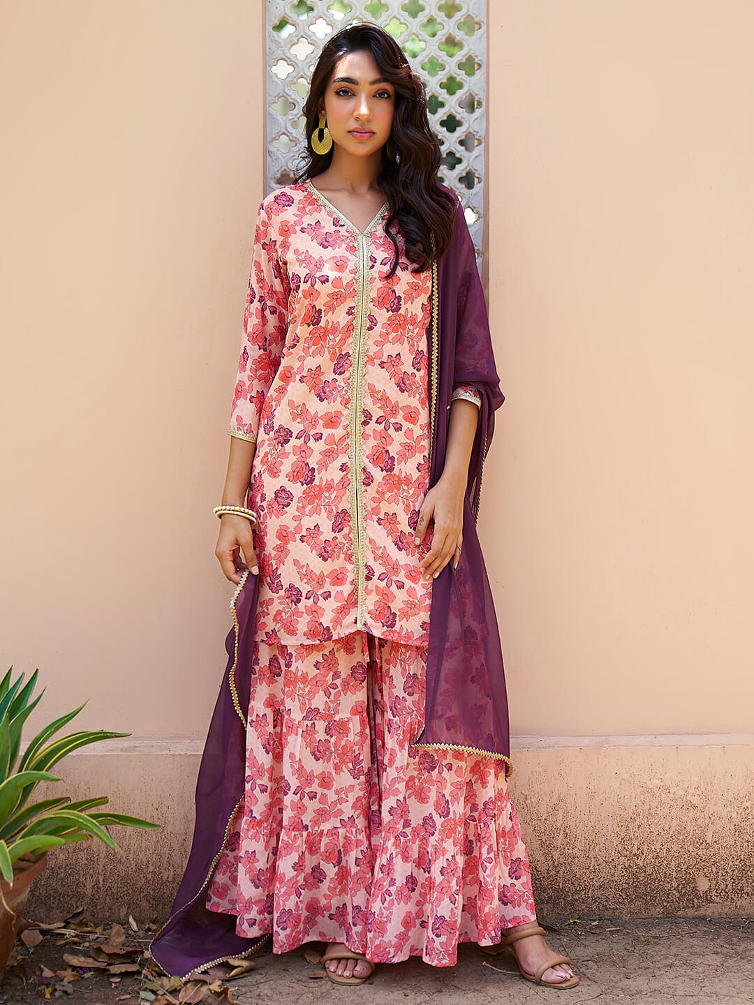 Stunning Peach Digital Printed Sharara Suit With Dupatta