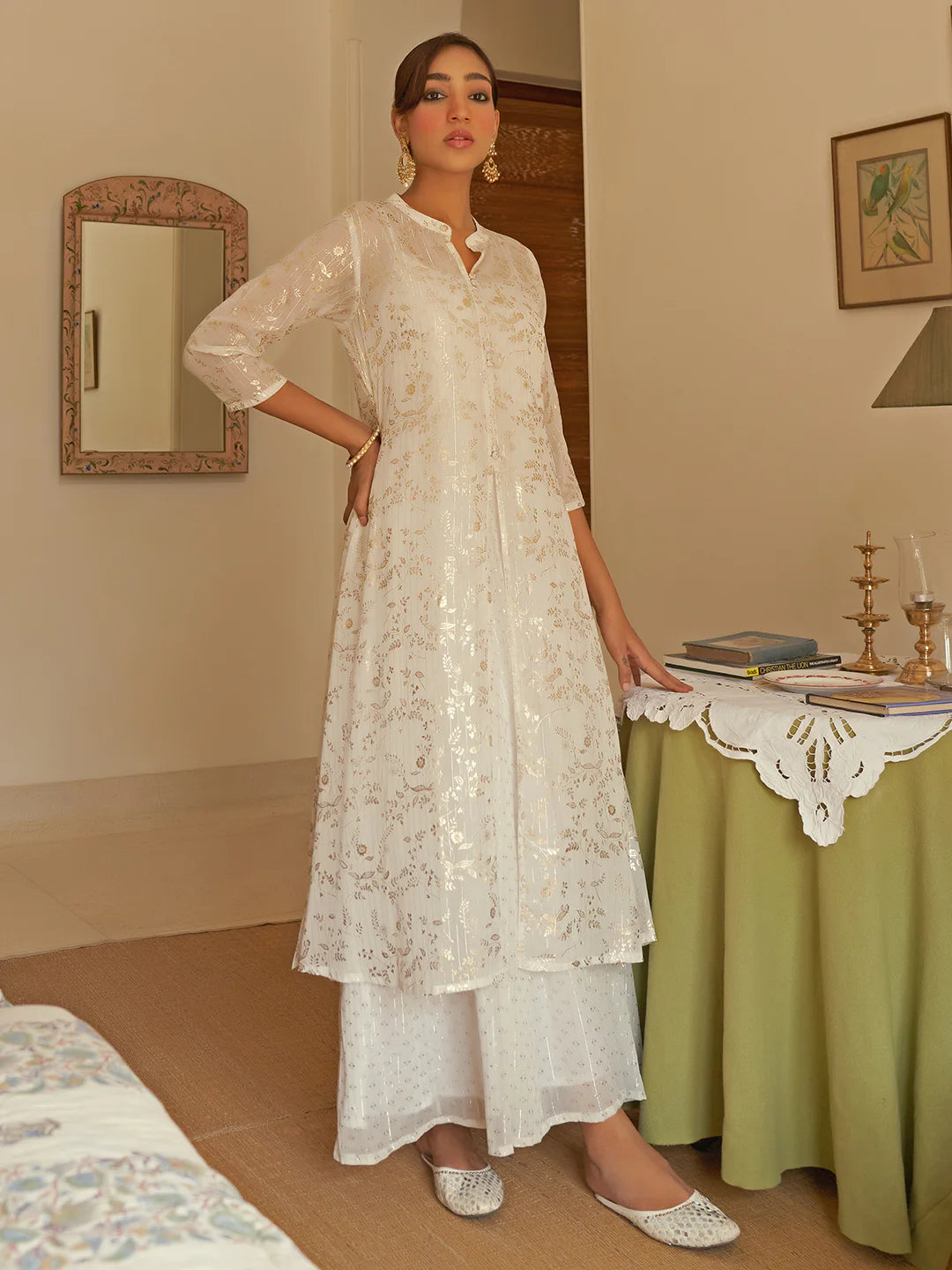 White Chiffon Lurex Foil Printed Kurta With Jacket