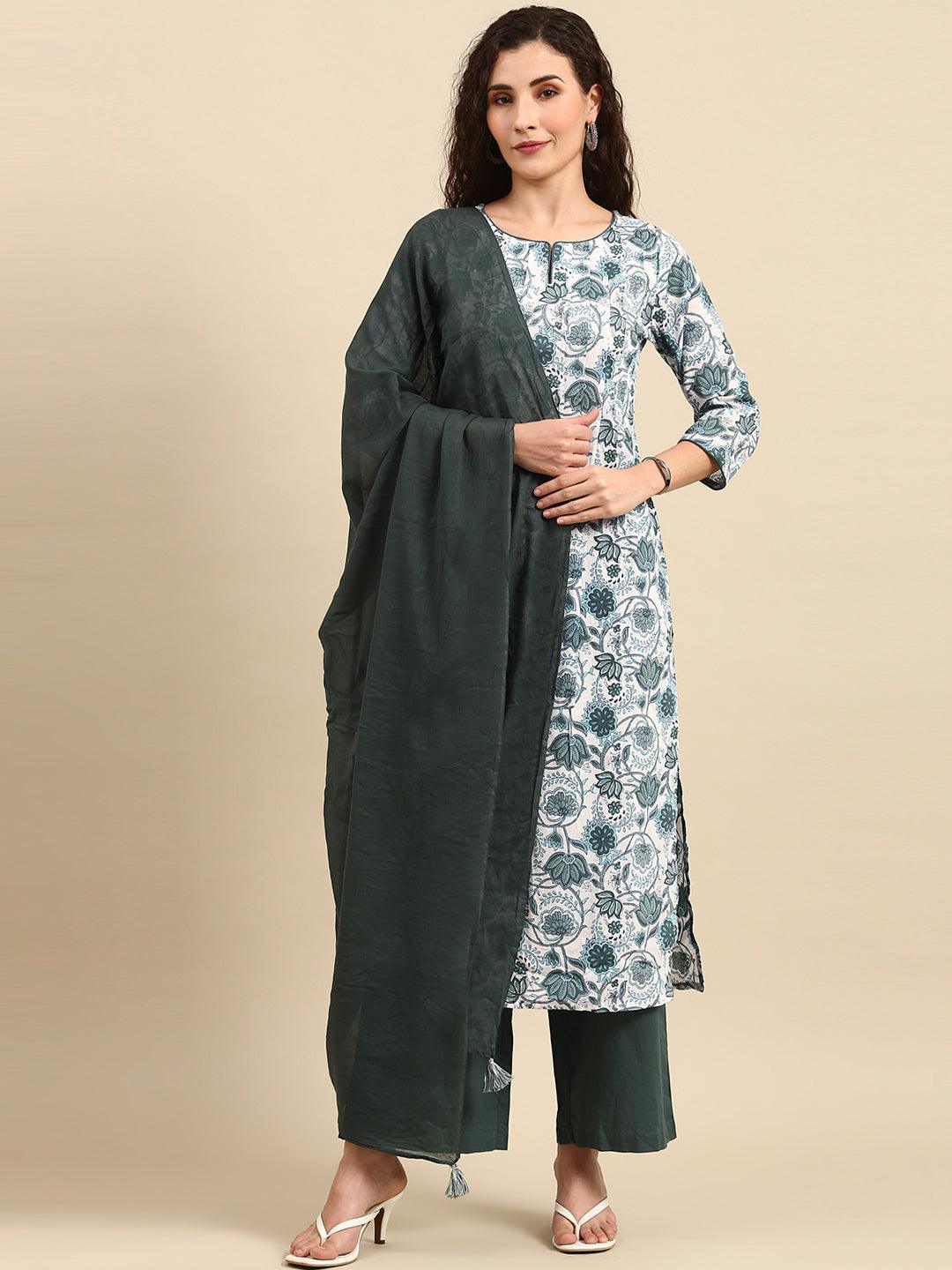 White Cotton Floral Print Kurta With Palazzo And Dupatta