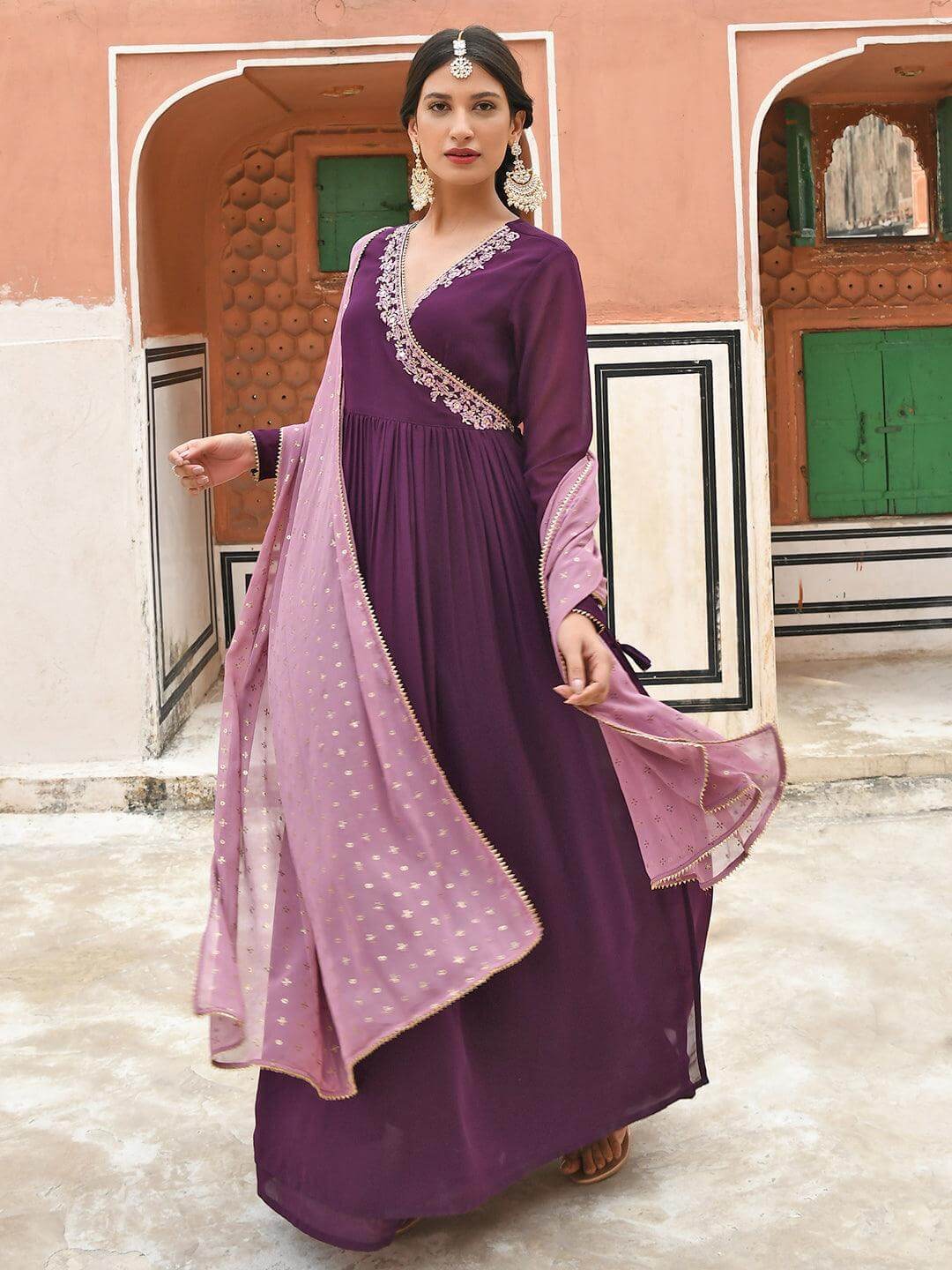 Wine Georgette Solid Kurta With Dupatta