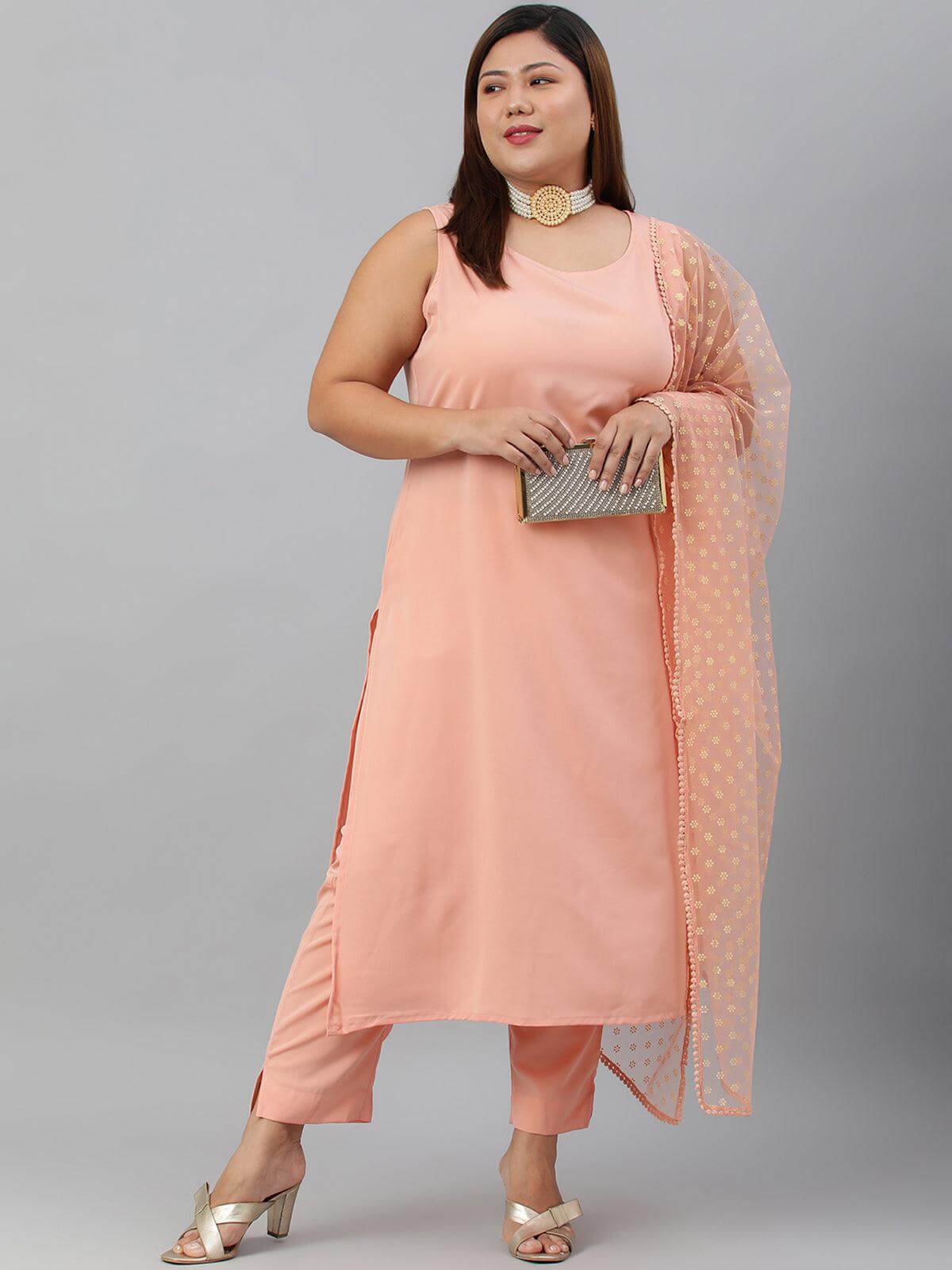 XL LOVE By Plus Size Peach Poly Crepe Kurta With Pant And Dupatta