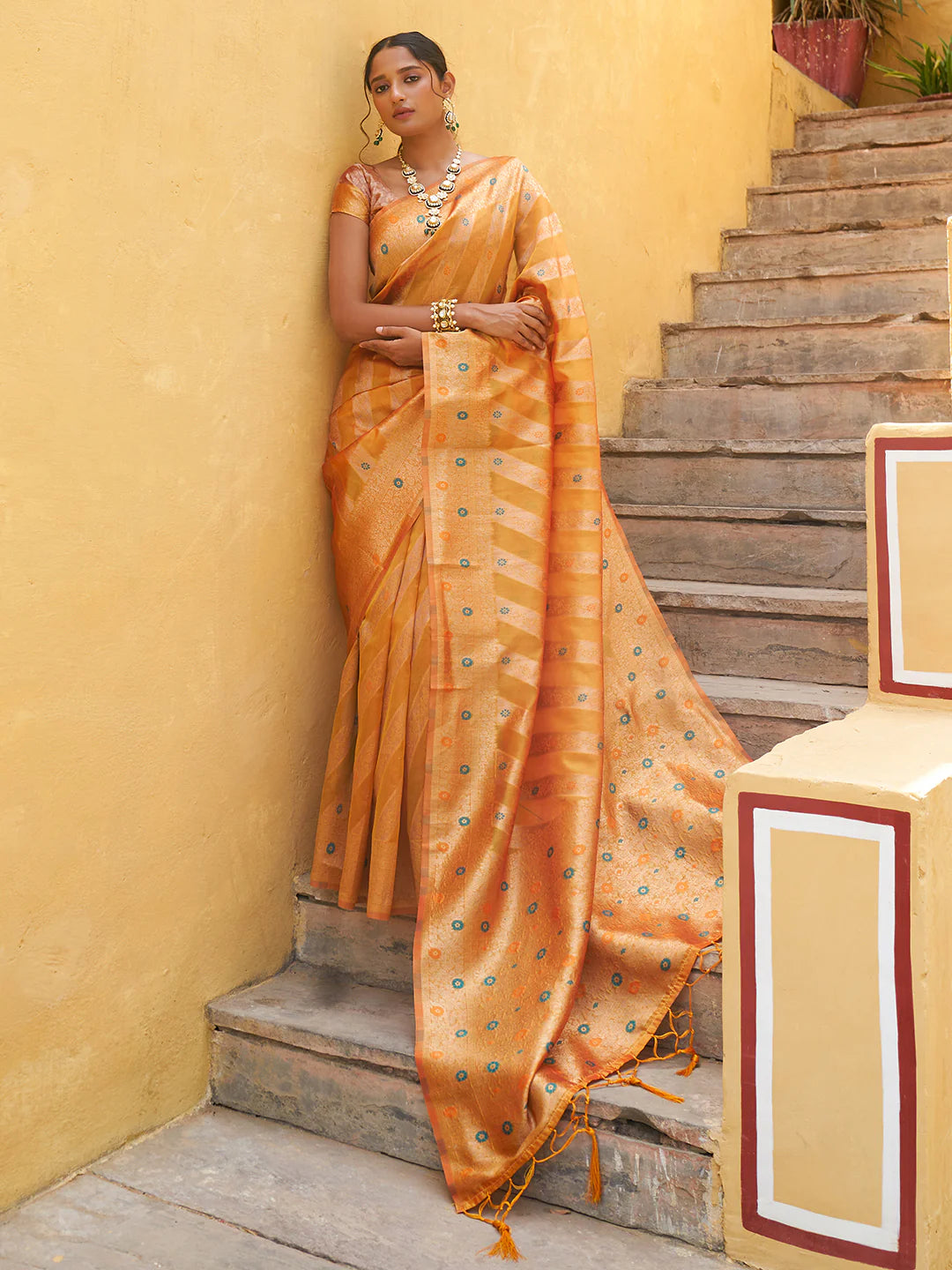 >Yellow Organza Woven Leheriya Saree with Unstitched Blouse Piece