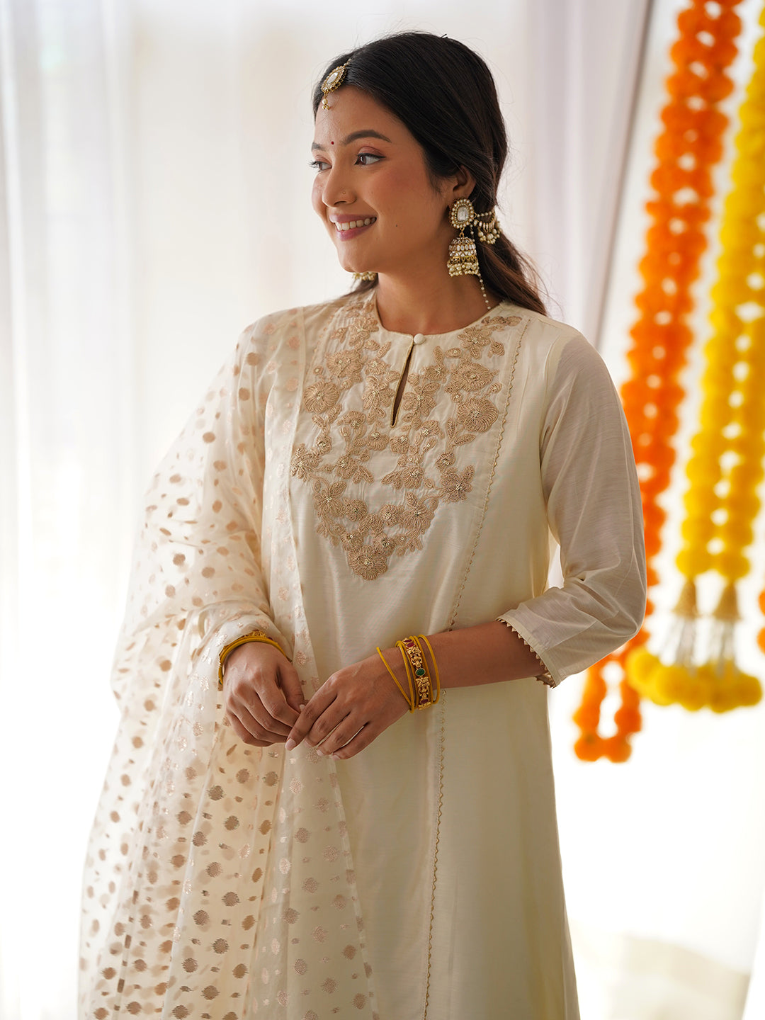 Off White Chanderi Yoke Embroidery Kurta With Palazzo And Dupatta