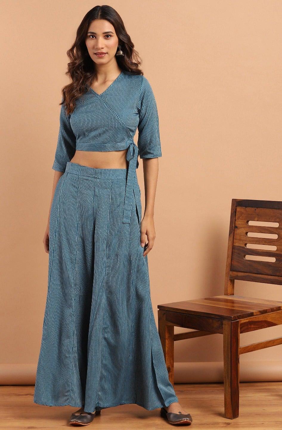 Teal Rayon Crop Top With Palazzo