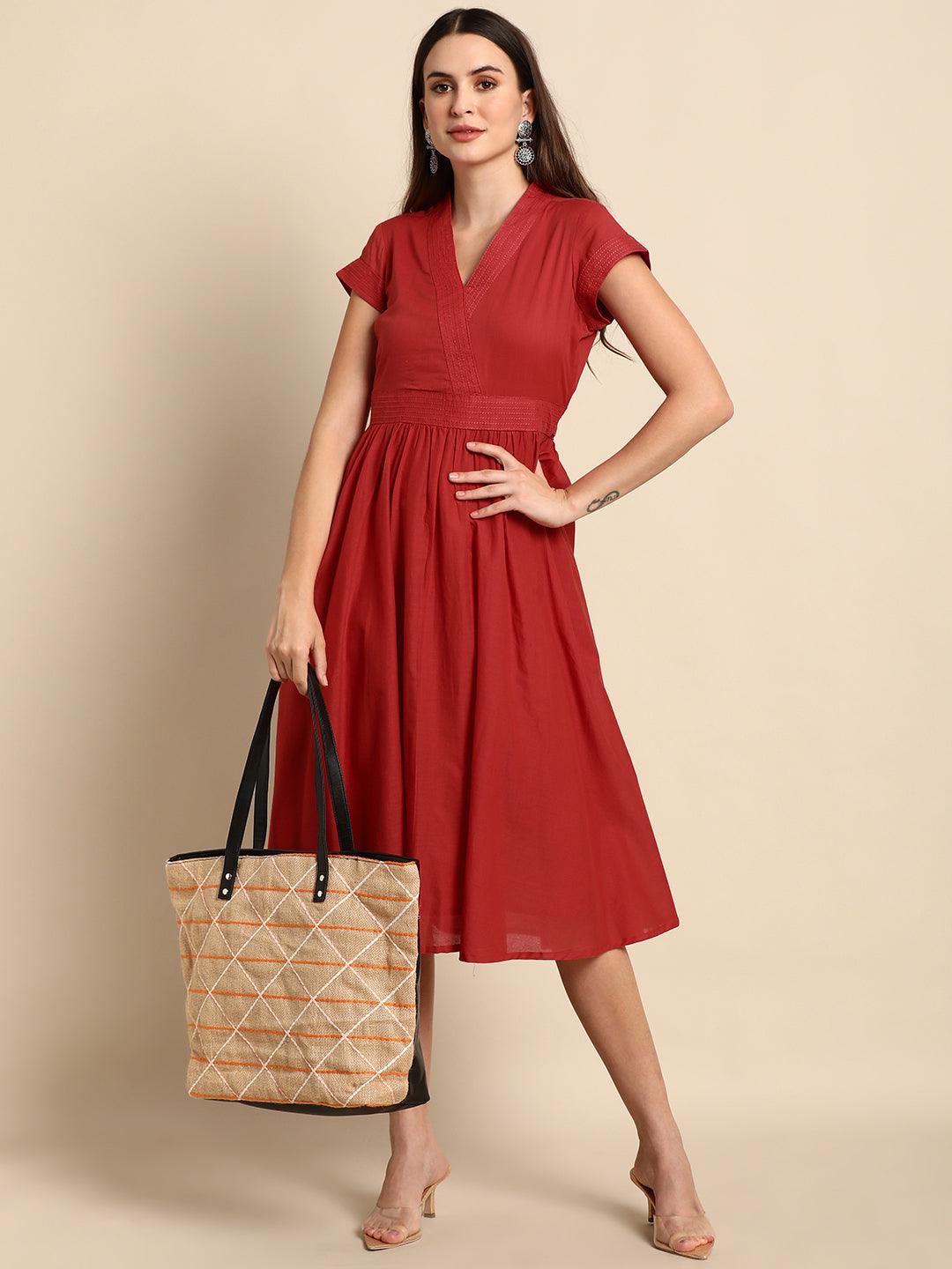 Rust Cotton Solid Flared Western Dress