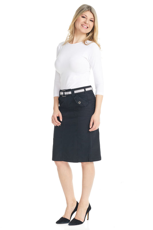 Esteez VIRGINIA Skirt - Stretch Poplin Cargo Knee Length Pencil Skirt for Women - BLACK