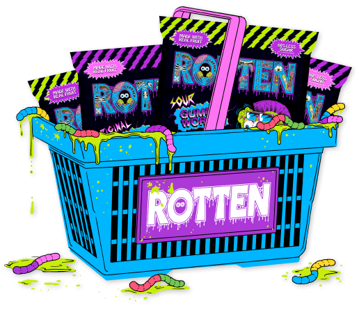 Colorful illustration of a shopping basket labeled 'ROTTEN' with slimy and oozy confections spilling over.
