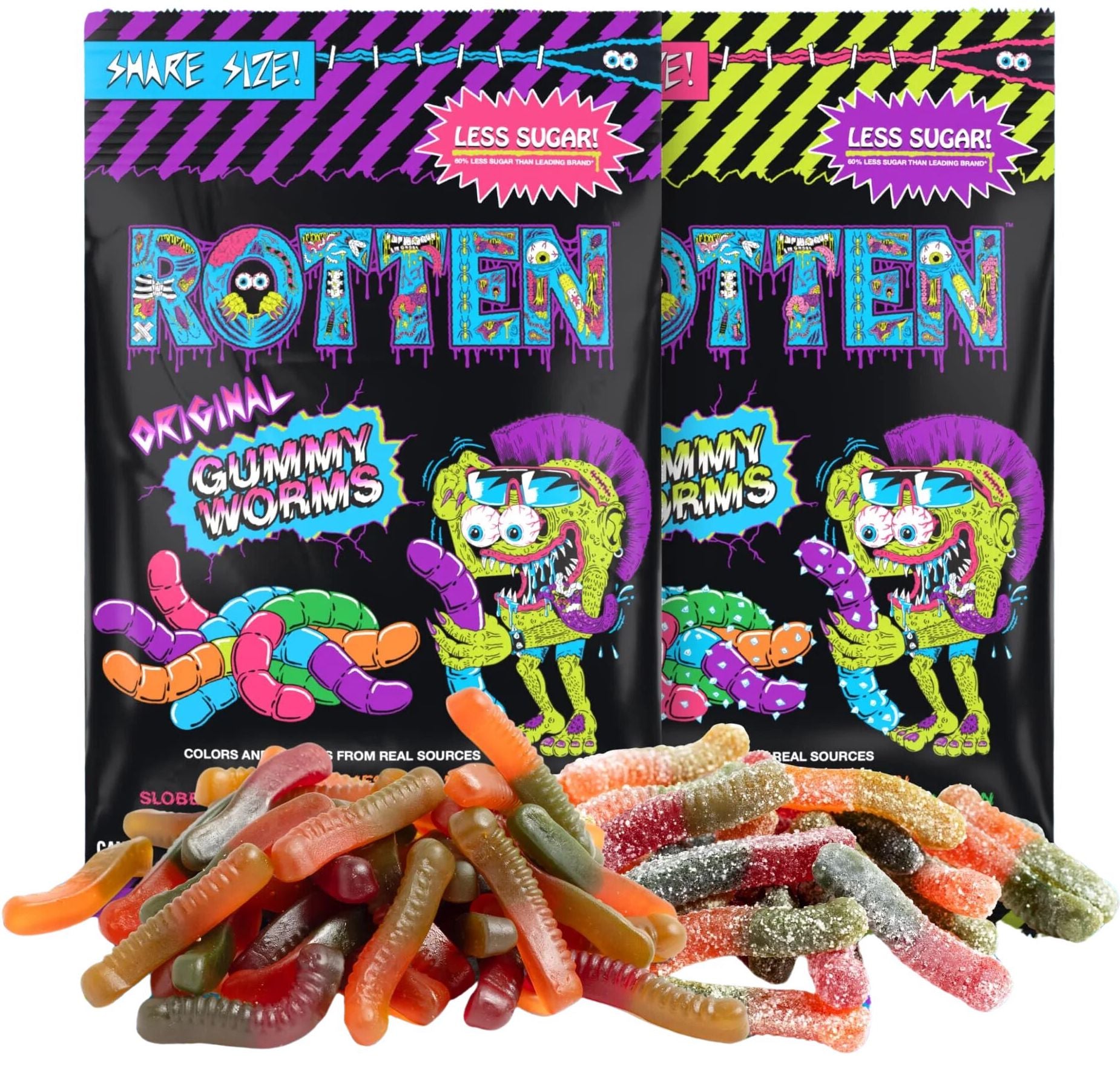 A colorful package of gummy worms with a cartoonish zombie character and actual gummy worms in front.