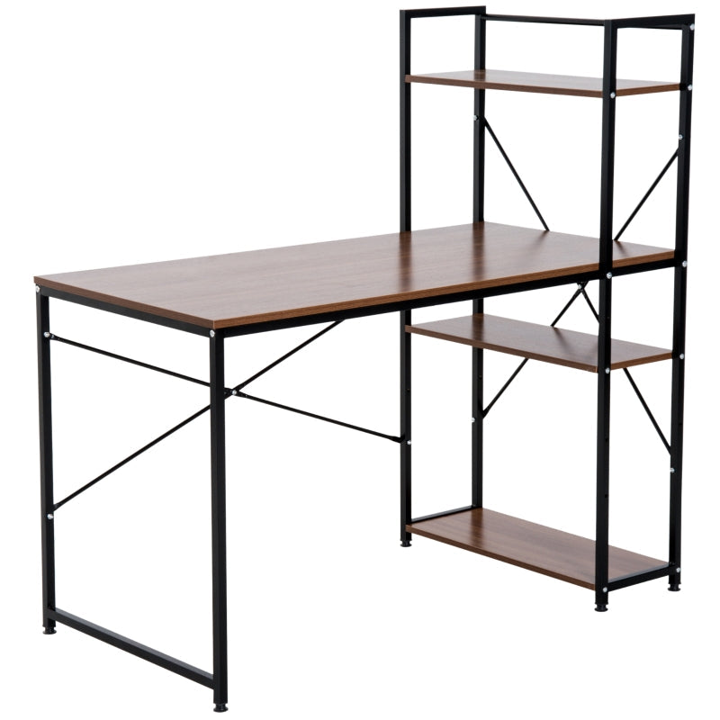 ProperAV Metal Frame Home Wooden Top Office Desk with 4-Tier Bookshelf (Black & White)