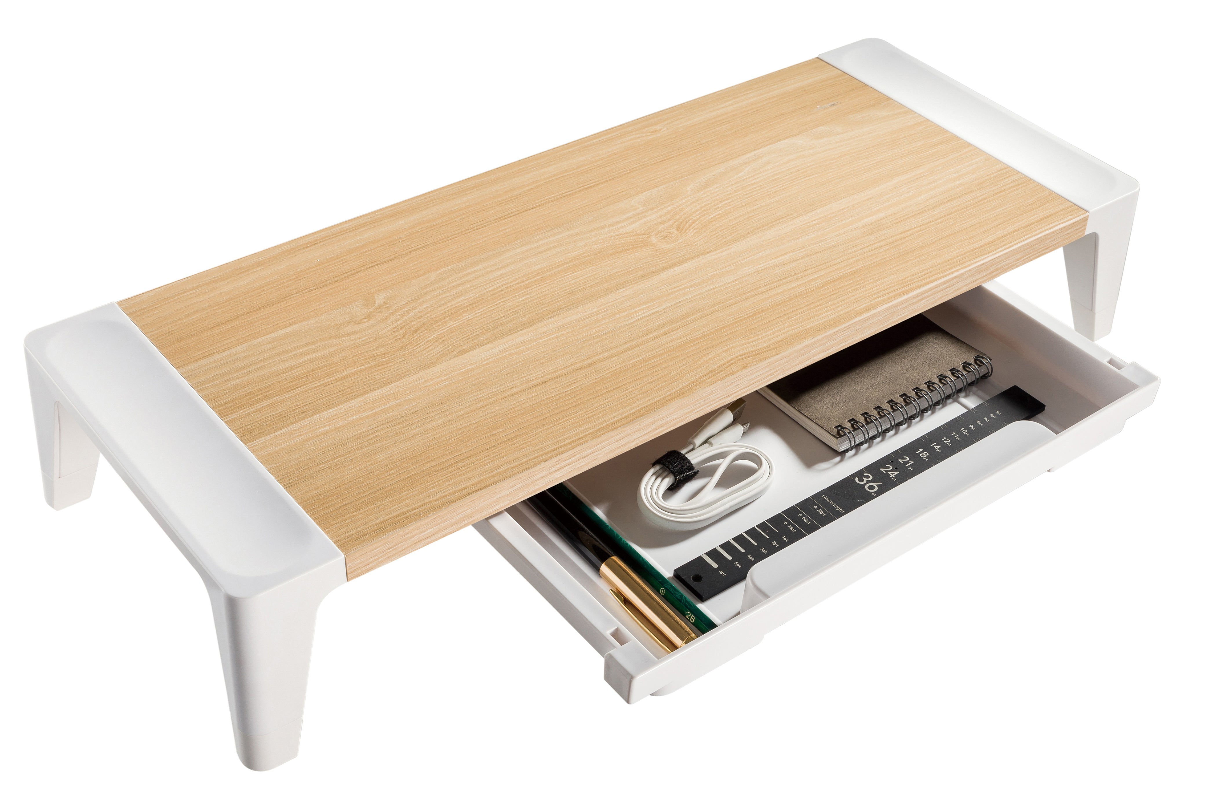 ProperAV Monitor Riser Stand with Height Adjustable with Drawer - Wood Effect
