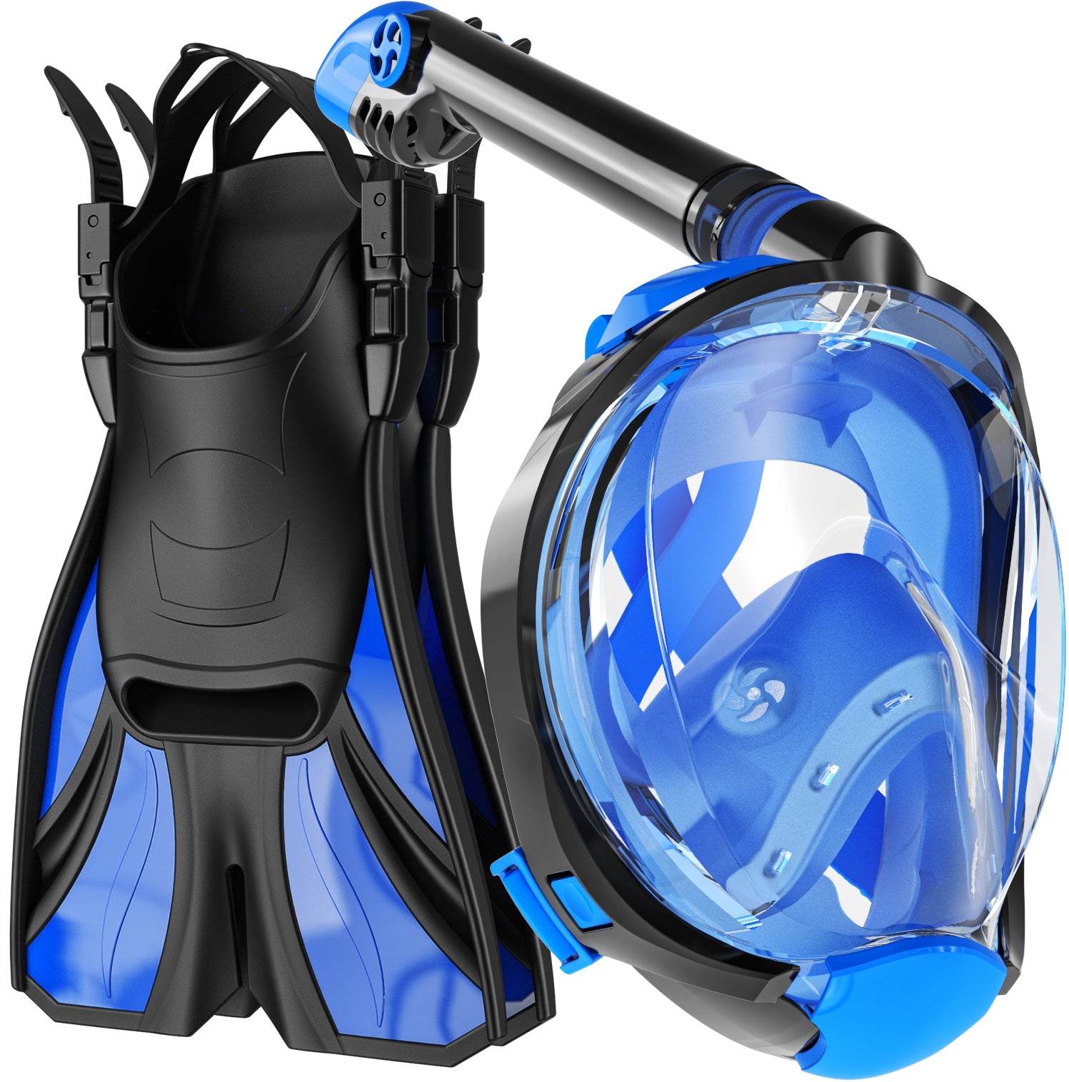 Snorkel Set Adult (Blue)- Full Face Mask and Adjustable Swim Fins, 180°  Panoramic View, Anti Fog and Anti Leak