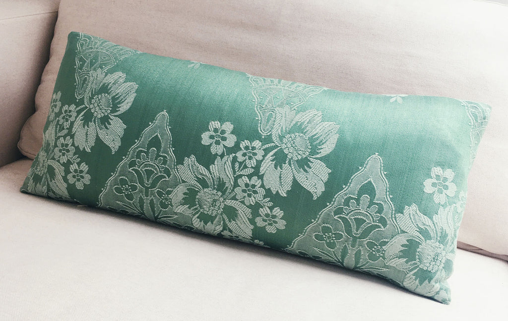 Ticking Depot | Shop Antique Ticking Fabric | Old Ticking Fabric From Europe | Interior Decoration Cushions Long Lumbar Green Floral