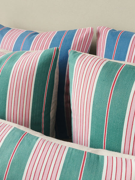 Ticking Depot | Shop Antique Ticking Fabric | Old Ticking Fabric From Europe | Interior Decoration Cushions Blue Green Pink Stripes