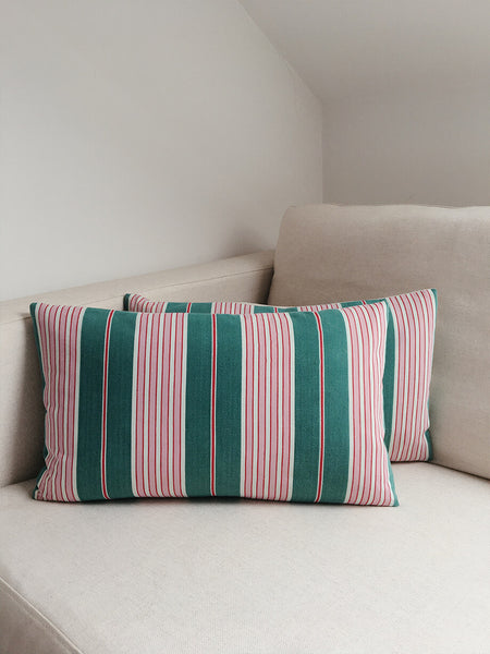 Ticking Depot | Shop Antique Ticking Fabric | Old Ticking Fabric From Europe | Interior Decoration Cushions Lumbar Pillow Green Pink Stripes