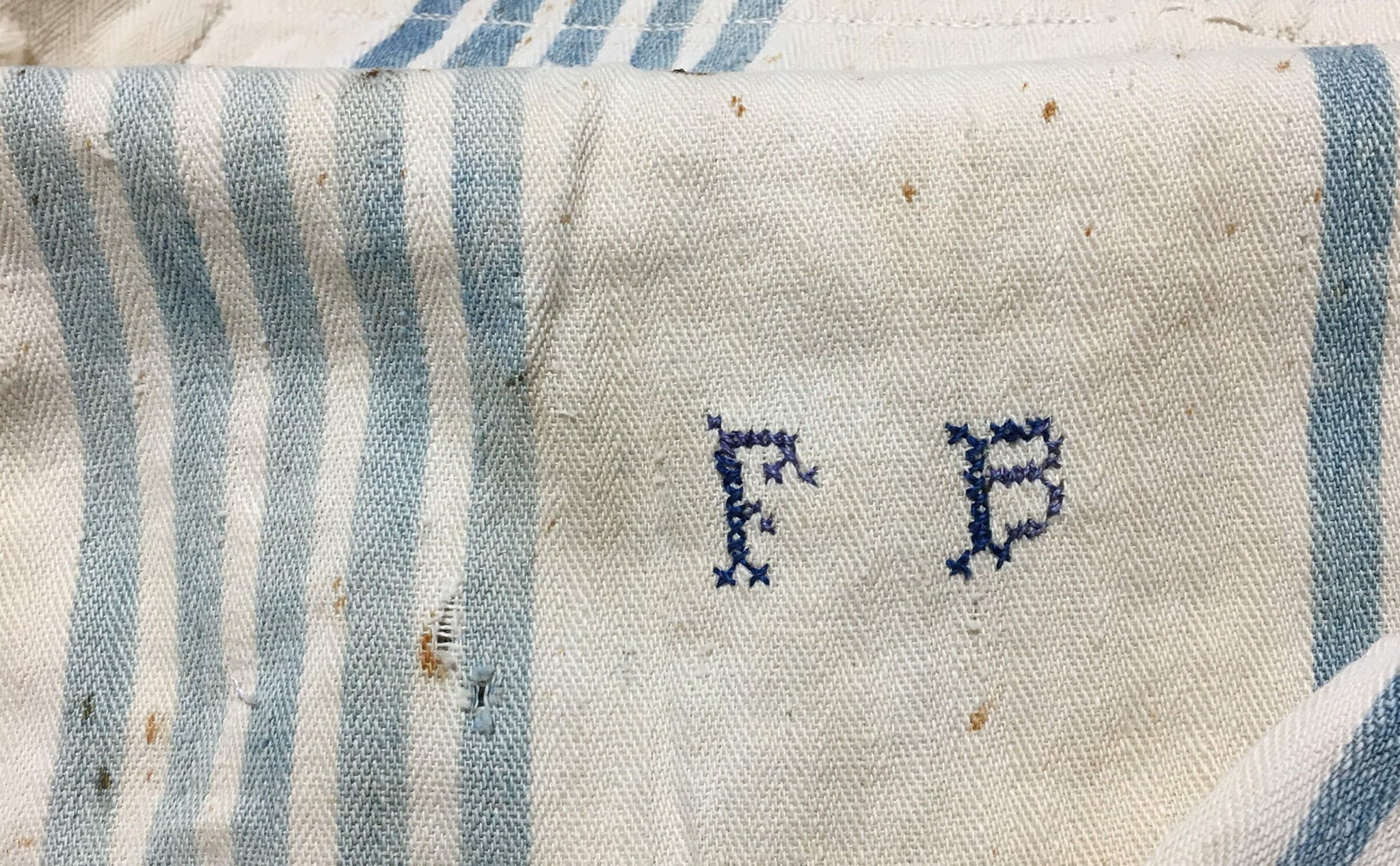 Ticking Depot | Shop Antique Ticking Fabric | Old Striped Ticking Fabric From Europe | Pale Blue Monogram