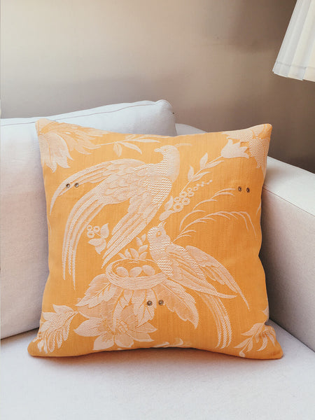 Ticking Depot | Shop Antique Ticking Fabric | Old Ticking Fabric From Europe | Interior Decoration Cushions Yellow Birds