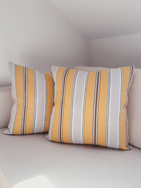 Ticking Depot | Shop Antique Ticking Fabric | Old Ticking Fabric From Europe | Interior Decoration Cushions Yellow Grey Stripes