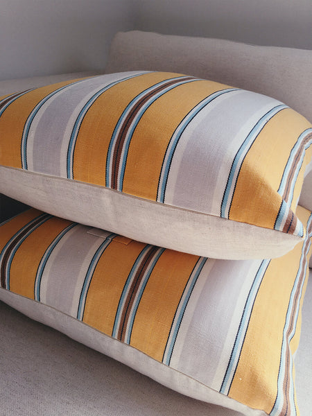 Ticking Depot | Shop Antique Ticking Fabric | Old Ticking Fabric From Europe | Interior Decoration Cushions Yellow Grey Stripes