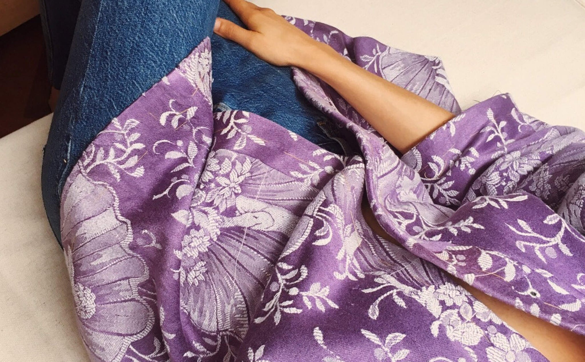 Ticking Depot | Recovered Antique Damask Ticking Fabric | Old Ticking Fabric From Europe Lilac Kimono