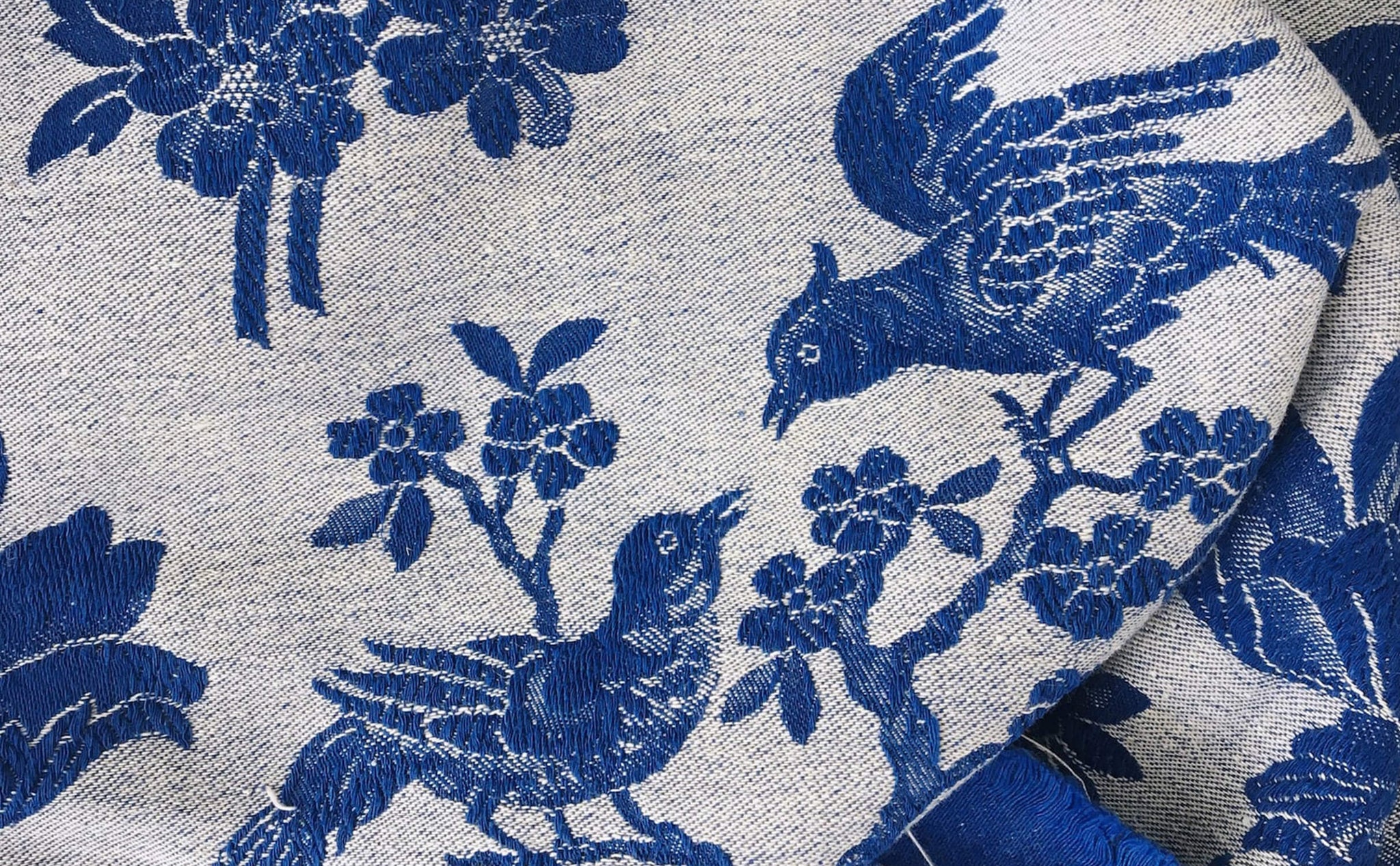 Ticking Depot | Recovered Antique Damask Ticking Fabric | Old Ticking Fabric From Europe Blue Birds Chinoiserie