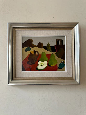 Photograph of a surrealist painting by Eric Cedererg depicting pears on a red carpet