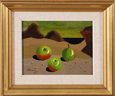 Surreal vintage and decorative painting by Eric Cederberg depicting apples and pearls on the sand of a gloomy beach