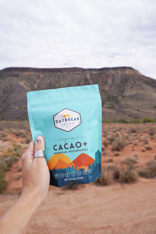 A bag of Daybreak cacao is being held against a desert background. 