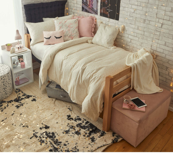 Feminine bedroom decor with rugs