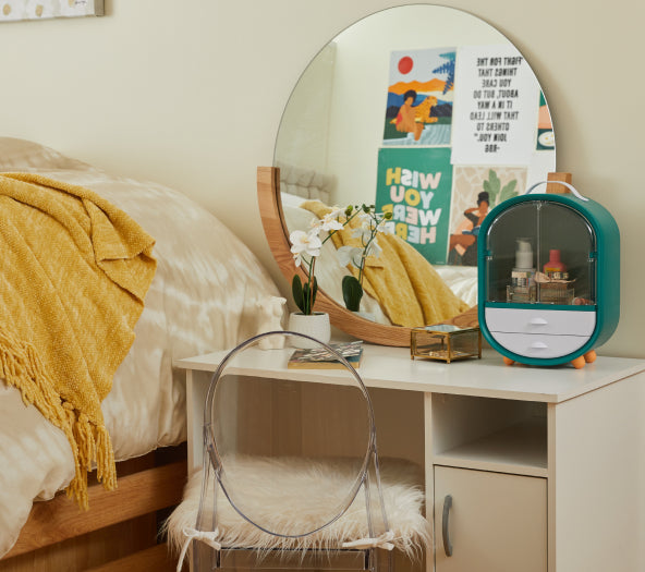 boho inspired makeup vanity table