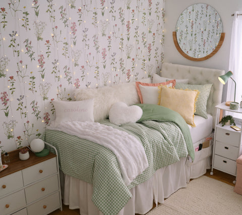 cottagecore wallpaper in a dorm room from Dormify