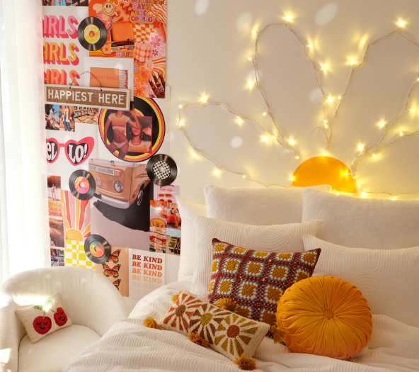 Retro inspired bedroom with daisy wall decal