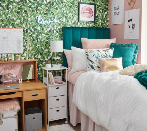 dorm bedroom featuring removable peel and stick wallpaper from Dormify